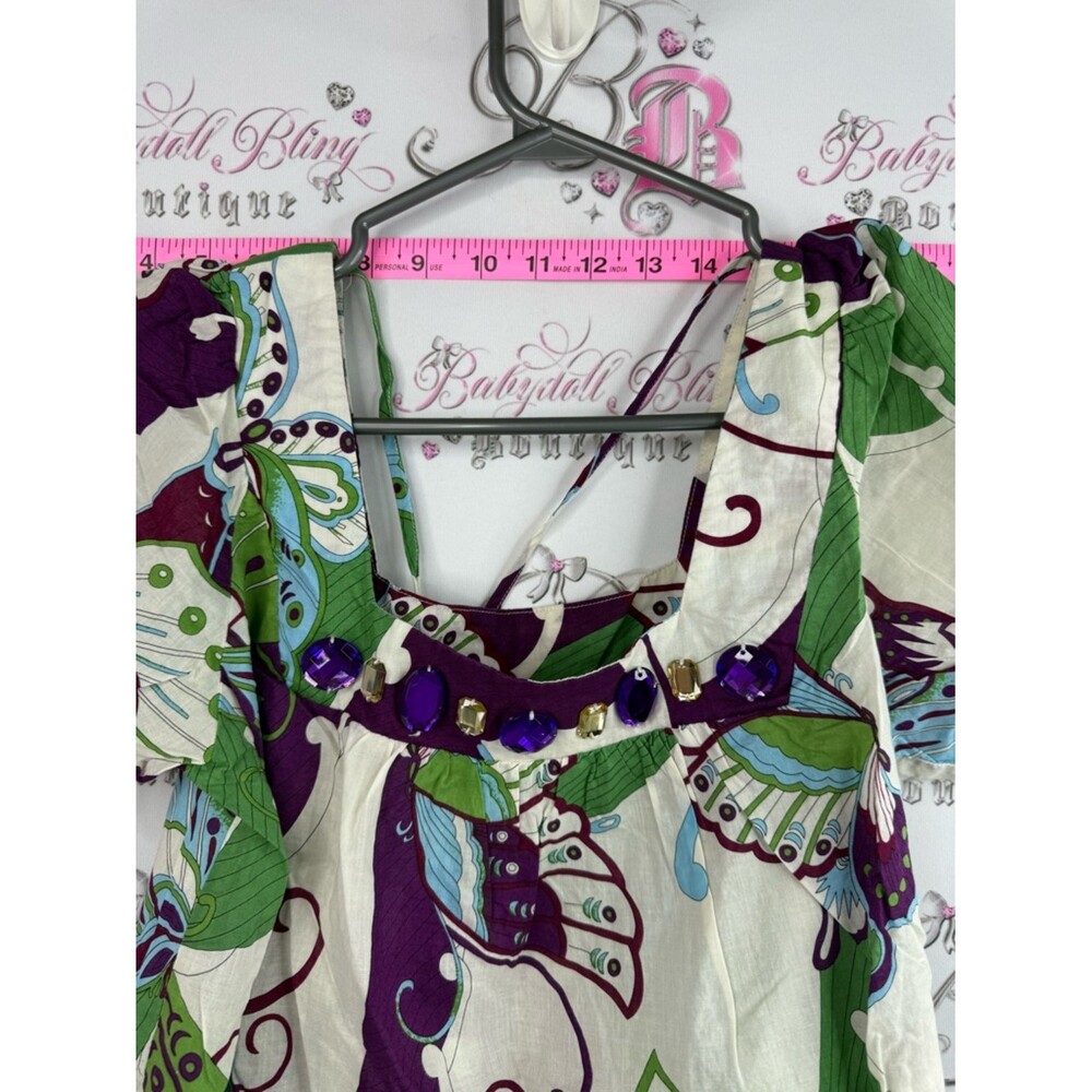 725 originals shirt, jewels Butterfly Print Puff Sleeve Top — Purple & Green - Picture 4 of 12
